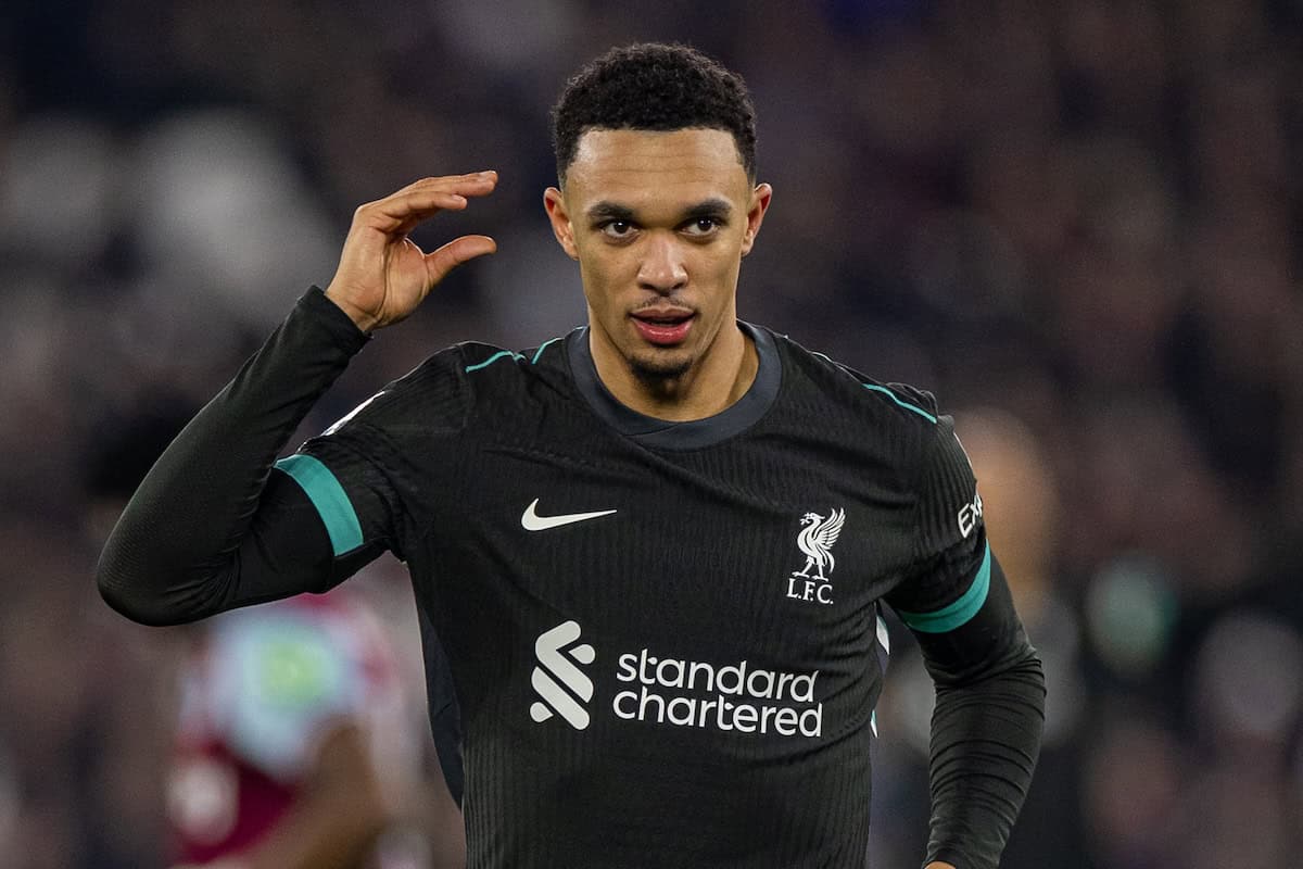 LONDON, ENGLAND - Sunday, December 29, 2024: Liverpool's Trent Alexander-Arnold celebrates after scoring the fourth goal during the FA Premier League match between West Ham United FC and Liverpool FC at the London Stadium. (Photo by David Rawcliffe/Propaganda)