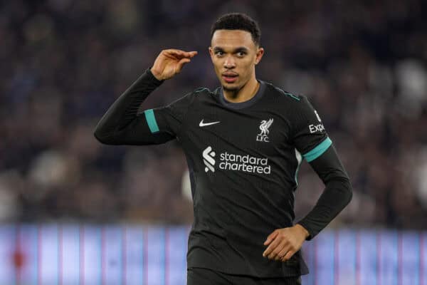 LONDON, ENGLAND - Sunday, December 29, 2024: Liverpool's Trent Alexander-Arnold celebrates after scoring the fourth goal during the FA Premier League match between West Ham United FC and Liverpool FC at the London Stadium. (Photo by David Rawcliffe/Propaganda)