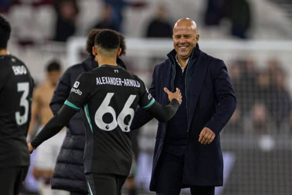 LONDON, ENGLAND - Sunday, December 29, 2024: Liverpool's head coach Arne Slot celebrates with Trent Alexander-Arnold after the FA Premier League match between West Ham United FC and Liverpool FC at the London Stadium. Liverpool won 5-0. (Photo by David Rawcliffe/Propaganda)