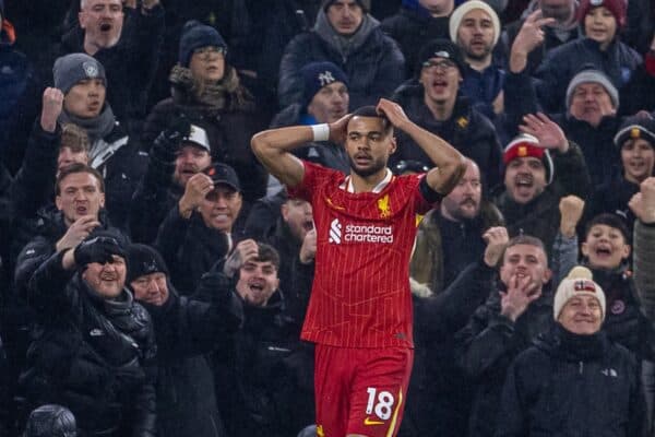 LIVERPOOL, ENGLAND - Sunday, January 5, 2025: Liverpool's Cody Gakpo reacts after missing a chance during the FA Premier League match between Liverpool FC and Manchester United FC at Anfield. (Photo by David Rawcliffe/Propaganda)