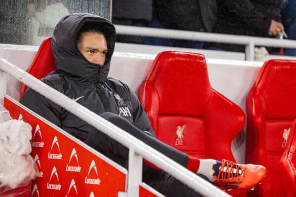 LIVERPOOL, ENGLAND - Sunday, January 5, 2025: Liverpool's substitute Darwin Núñez on the bench before the FA Premier League match between Liverpool FC and Manchester United FC at Anfield. (Photo by David Rawcliffe/Propaganda)