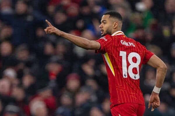 LIVERPOOL, ENGLAND - Sunday, January 5, 2025: Liverpool's Cody Gakpo celebrates after scoring the first equalising goal during the FA Premier League match between Liverpool FC and Manchester United FC at Anfield. (Photo by David Rawcliffe/Propaganda)