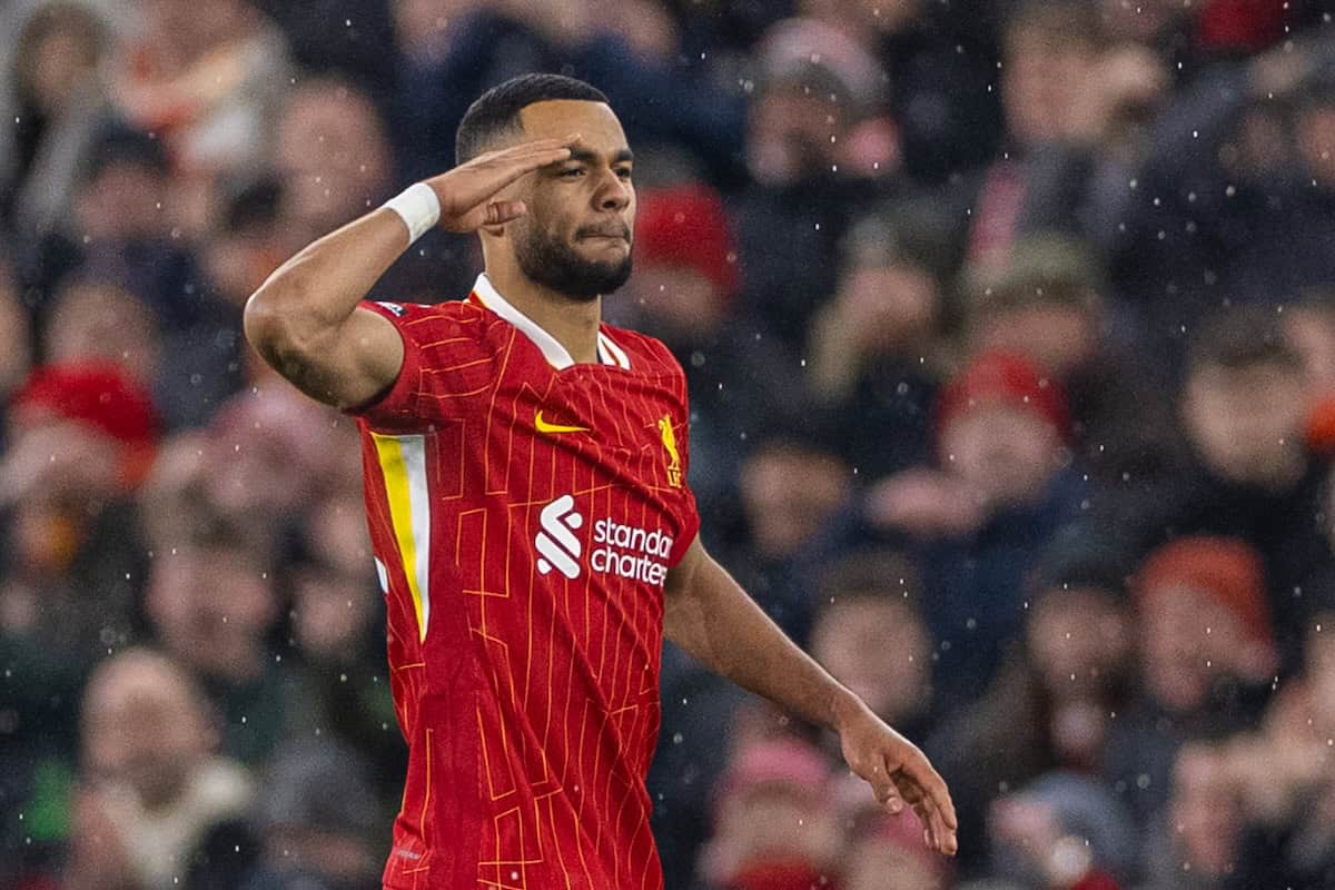 LIVERPOOL, ENGLAND - Sunday, January 5, 2025: Liverpool's Cody Gakpo celebrates after scoring the first equalising goal during the FA Premier League match between Liverpool FC and Manchester United FC at Anfield. (Photo by David Rawcliffe/Propaganda)