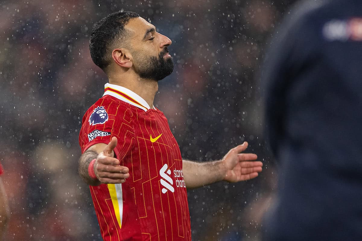 LIVERPOOL, ENGLAND - Sunday, January 5, 2025: Liverpool's Mohamed Salah celebrates after scoring the second goal during the FA Premier League match between Liverpool FC and Manchester United FC at Anfield. (Photo by David Rawcliffe/Propaganda)