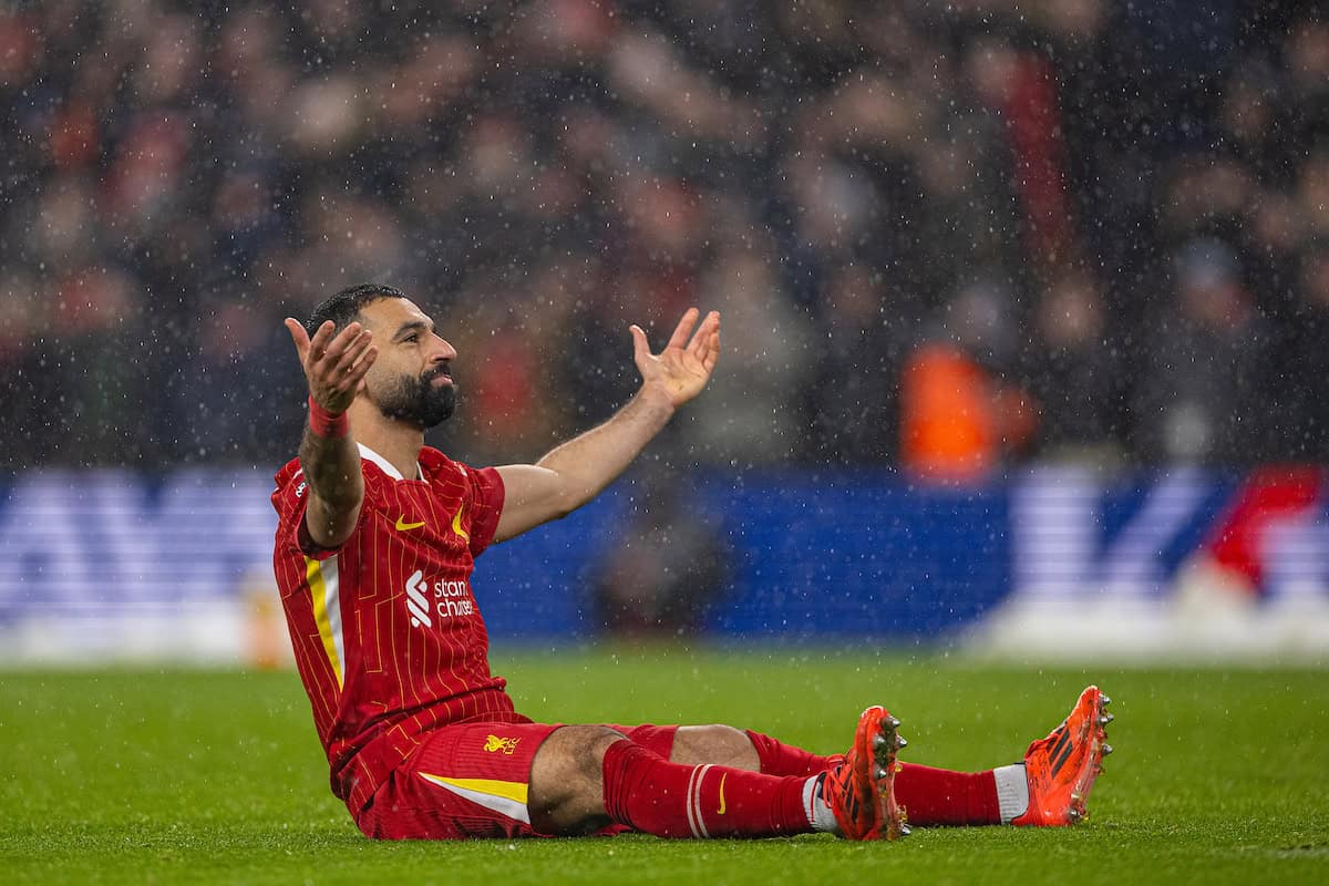 LIVERPOOL, ENGLAND - Sunday, January 5, 2025: Liverpool's Mohamed Salah celebrates after scoring the second goal during the FA Premier League match between Liverpool FC and Manchester United FC at Anfield. (Photo by David Rawcliffe/Propaganda)