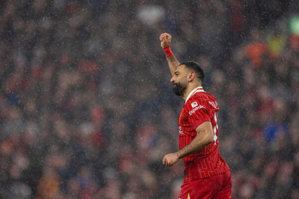 LIVERPOOL, ENGLAND - Sunday, January 5, 2025: Liverpool's Mohamed Salah celebrates after scoring the second goal during the FA Premier League match between Liverpool FC and Manchester United FC at Anfield. (Photo by David Rawcliffe/Propaganda)