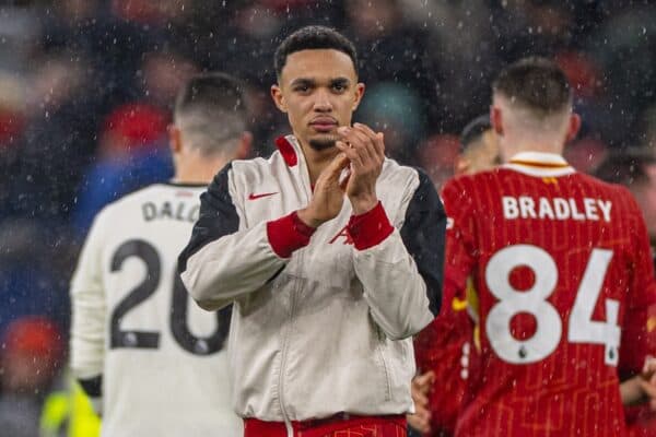 LIVERPOOL, ENGLAND - Sunday, January 5, 2025: Liverpool's Trent Alexander-Arnold applauds the supporters after the FA Premier League match between Liverpool FC and Manchester United FC at Anfield. (Photo by David Rawcliffe/Propaganda)