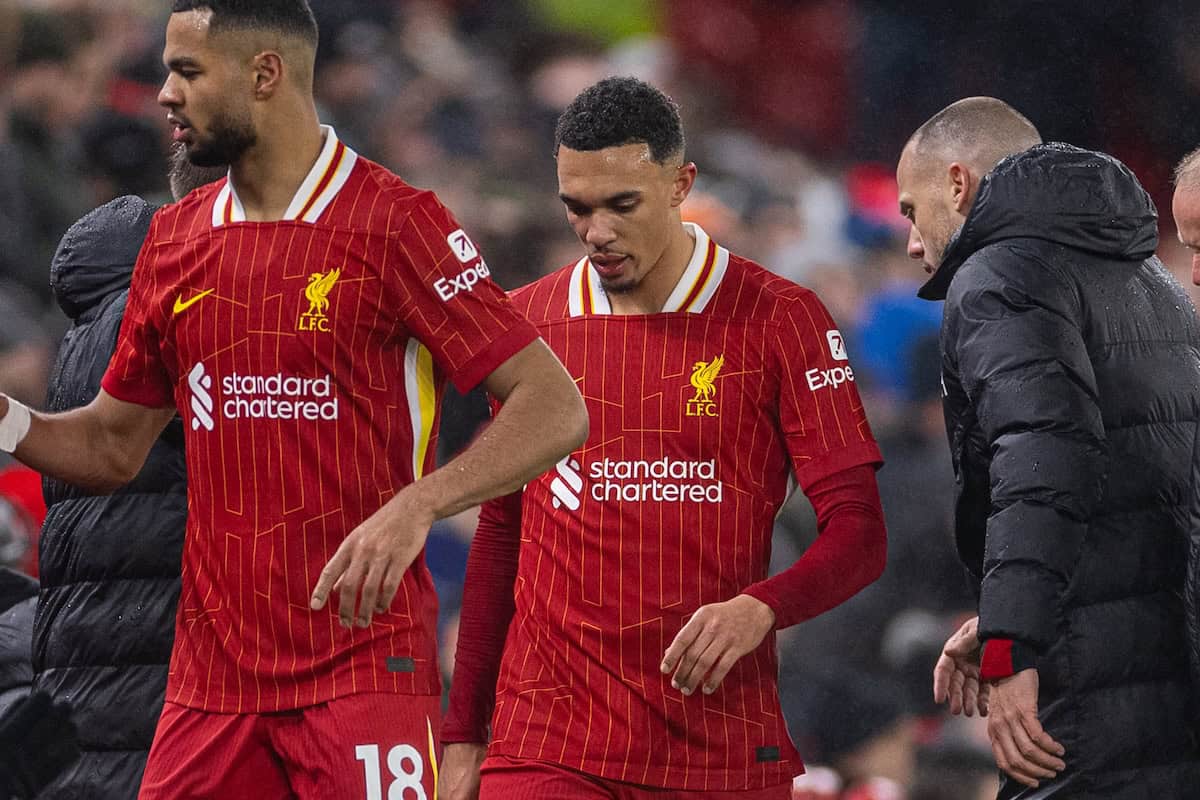 LIVERPOOL, ENGLAND - Sunday, January 5, 2025: Liverpool's Trent Alexander-Arnold walks off as he is substituted during the FA Premier League match between Liverpool FC and Manchester United FC at Anfield. (Photo by David Rawcliffe/Propaganda)