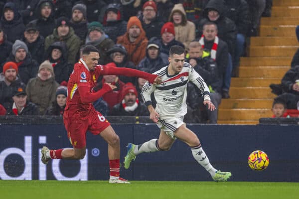 LIVERPOOL, ENGLAND - Sunday, January 5, 2025: Liverpool's Trent Alexander-Arnold (L) and Manchester United's Diogo Dalot during the FA Premier League match between Liverpool FC and Manchester United FC at Anfield. (Photo by David Rawcliffe/Propaganda)