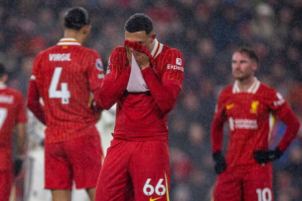 LIVERPOOL, ENGLAND – Sonntag, 5. Januar 2025: Liverpools Trent Alexander-Arnold während des FA Premier League-Spiels zwischen Liverpool FC und Manchester United FC in Anfield. (Foto von David Rawcliffe/Propaganda)