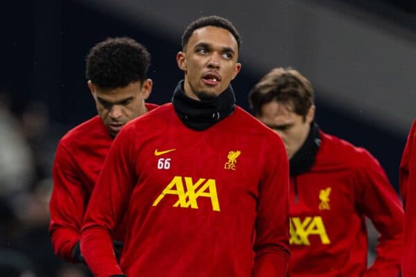 LONDON, ENGLAND - Wednesday, January 8, 2025: Liverpool's substitute Trent Alexander-Arnold during the pre-match warm-up before the Football League Cup Semi-Final 1st Leg match between Tottenham Hotspur FC and Liverpool FC at the Tottenham Hotspur Stadium. (Photo by David Rawcliffe/Propaganda)