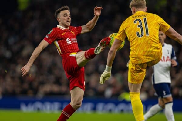 LONDON, ENGLAND - Wednesday, January 8, 2025: Liverpool's Diogo Jota (L) challenges Tottenham Hotspur's goalkeeper Antonín Kinský during the Football League Cup Semi-Final 1st Leg match between Tottenham Hotspur FC and Liverpool FC at the Tottenham Hotspur Stadium. (Photo by David Rawcliffe/Propaganda)