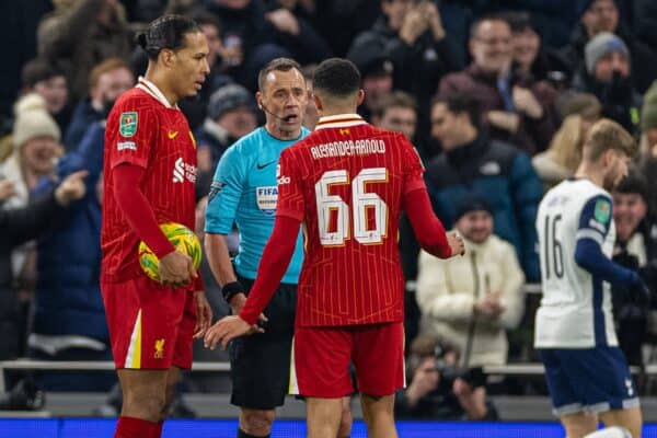 London, England – Wednesday 8 January 2025: Liverpool captain Virgil van Dijk (left) and Trent Alexander-Arnold appeal to referee Stuart Atwell for offside on a Tottenham Hotspur goal during the Football League Cup semi-final first leg match against Tottenham. I'm doing it. Hotspur FC and Liverpool FC at Tottenham Hotspur Stadium. (Photo: David Rawcliffe/Propaganda)