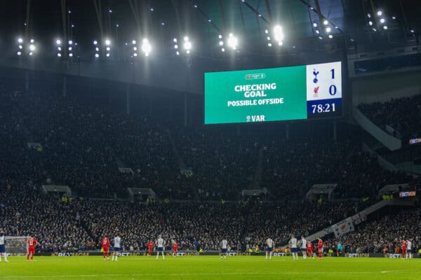 LONDON, ENGLAND - Wednesday, January 8, 2025: For the first time in English football the refree announces his decision to overturn Tottenham Hotspur's goal for off-side during the Football League Cup Semi-Final 1st Leg match between Tottenham Hotspur FC and Liverpool FC at the Tottenham Hotspur Stadium. (Photo by David Rawcliffe/Propaganda)