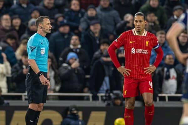 LONDON, ENGLAND - Wednesday, January 8, 2025: For the first time in English football the refree announces his decision to overturn Tottenham Hotspur's goal for off-side during the Football League Cup Semi-Final 1st Leg match between Tottenham Hotspur FC and Liverpool FC at the Tottenham Hotspur Stadium. (Photo by David Rawcliffe/Propaganda)