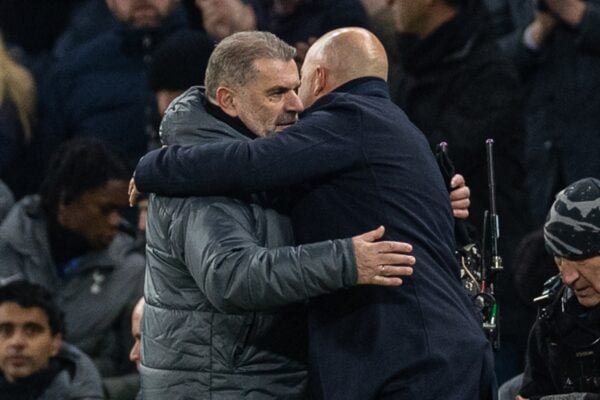 LONDON, ENGLAND - Wednesday, January 8, 2025: Tottenham Hotspur's head coach Ange Postecoglou (L) embraces Liverpool's head coach Arne Slot after the Football League Cup Semi-Final 1st Leg match between Tottenham Hotspur FC and Liverpool FC at the Tottenham Hotspur Stadium. (Photo by David Rawcliffe/Propaganda)