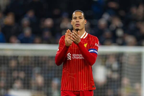 LONDON, ENGLAND - Wednesday, January 8, 2025: Liverpool's captain Virgil van Dijk applauds the supporters after the Football League Cup Semi-Final 1st Leg match between Tottenham Hotspur FC and Liverpool FC at the Tottenham Hotspur Stadium. (Photo by David Rawcliffe/Propaganda)