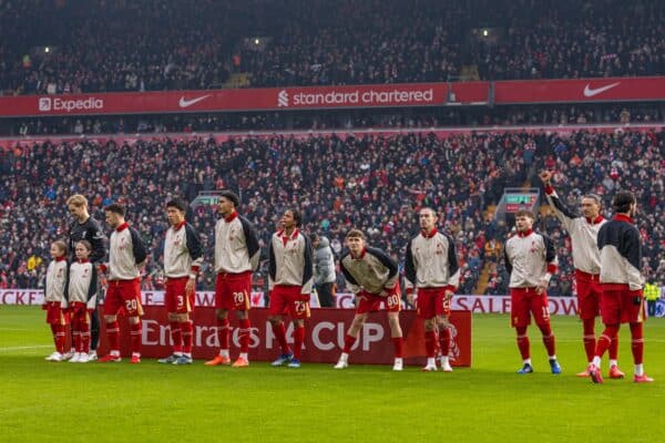 LIVERPOOL, ENGLAND - Saturday, January 11, 2025: Liverpool players line-up before the FA Cup 3rd Round match between Liverpool FC and Accrington Stanley FC at Anfield. (Photo by David Rawcliffe/Propaganda)