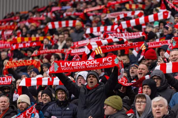 LIVERPOOL, ENGLAND - Saturday, January 11, 2025: Liverpool supporters sing "You'll Never Walk Alone" before the FA Cup 3rd Round match between Liverpool FC and Accrington Stanley FC at Anfield. (Photo by David Rawcliffe/Propaganda)