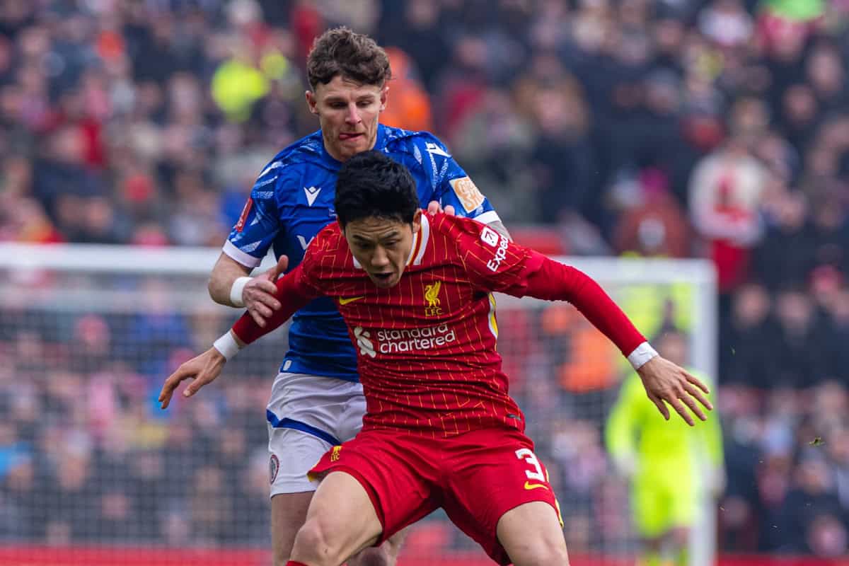 LIVERPOOL, ENGLAND - Saturday, January 11, 2025: Liverpool's Wataru End? during the FA Cup 3rd Round match between Liverpool FC and Accrington Stanley FC at Anfield. (Photo by David Rawcliffe/Propaganda)