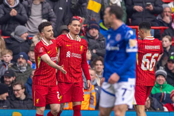 LIVERPOOL, ENGLAND - Saturday, January 11, 2025: Liverpool's Diogo Jota (l) celebrates after scoring the first goal during the FA Cup Third Round match between Liverpool FC and Accrington Stanley FC at Anfield. (Photo by David Rawcliffe/Propaganda)