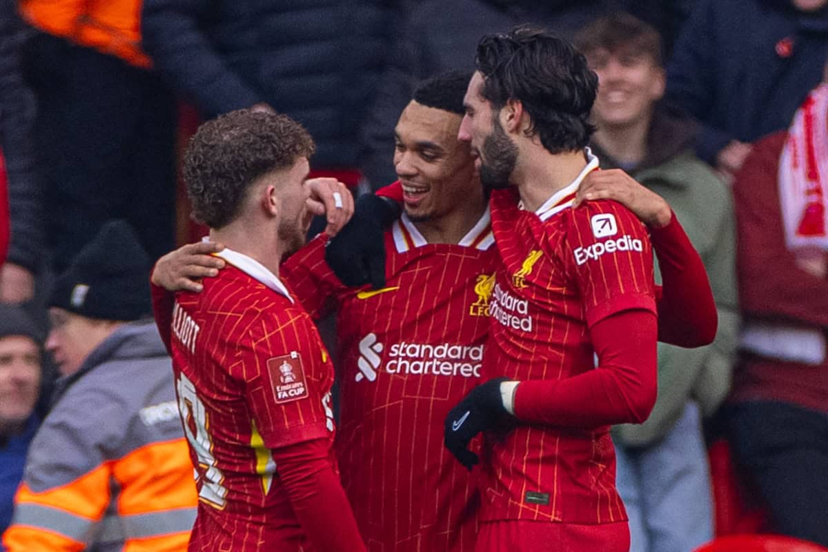 LIVERPOOL, ENGLAND - Saturday, January 11, 2025: Liverpool's Trent Alexander-Arnold celebrates after scoring the second goal during the FA Cup 3rd Round match between Liverpool FC and Accrington Stanley FC at Anfield. (Photo by David Rawcliffe/Propaganda)