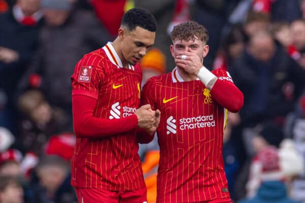 LIVERPOOL, ENGLAND - Saturday, January 11, 2025: Liverpool's Trent Alexander-Arnold (L) celebrates with team-mate Harvey Elliott after scoring the second goal during the FA Cup 3rd Round match between Liverpool FC and Accrington Stanley FC at Anfield. (Photo by David Rawcliffe/Propaganda)