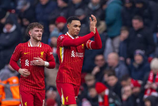 LIVERPOOL, ENGLAND - SATURDAY, JANUARY 11, 2025: Trent Alexander-Arnold of Liverpool celebrates after scoring his second goal during the FA Cup third round match between Liverpool FC and Accrington Stanley FC at Anfield. (Photo: David Rawcliffe/Propaganda)