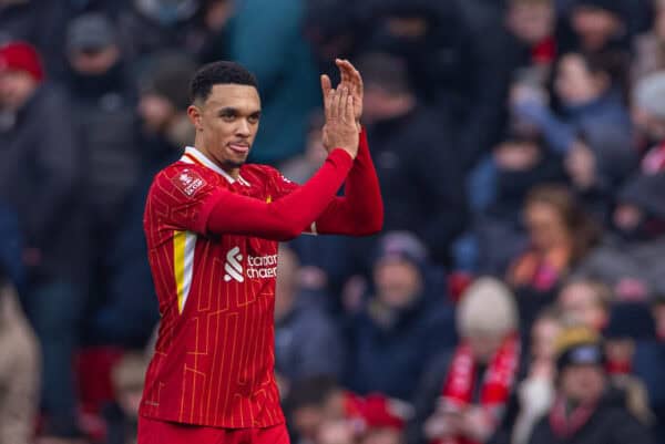 LIVERPOOL, ENGLAND - Saturday, January 11, 2025: Liverpool's Trent Alexander-Arnold celebrates after scoring the second goal during the FA Cup 3rd Round match between Liverpool FC and Accrington Stanley FC at Anfield. (Photo by David Rawcliffe/Propaganda)