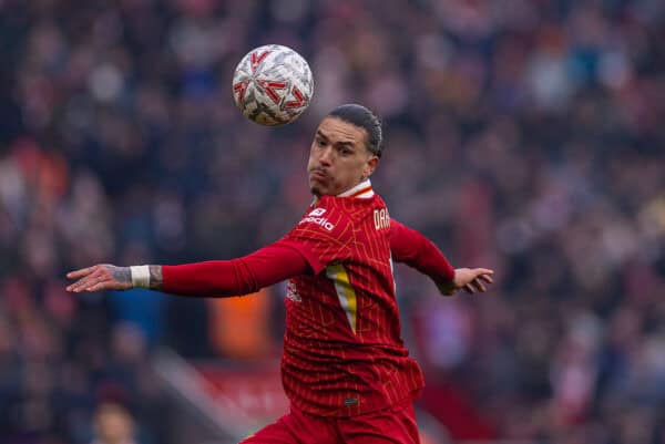 LIVERPOOL, ENGLAND - Saturday, January 11, 2025: Liverpool's Darwin Núñez during the FA Cup 3rd Round match between Liverpool FC and Accrington Stanley FC at Anfield. (Photo by David Rawcliffe/Propaganda)