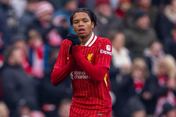 LIVERPOOL, ENGLAND – Saturday, January 11, 2025: Liverpool's Rio Ngumoha applauds fans as he is substituted during the FA Cup 3rd Round match between Liverpool FC and Accrington Stanley FC at Anfield. (Photo by David Rawcliffe/Propaganda)