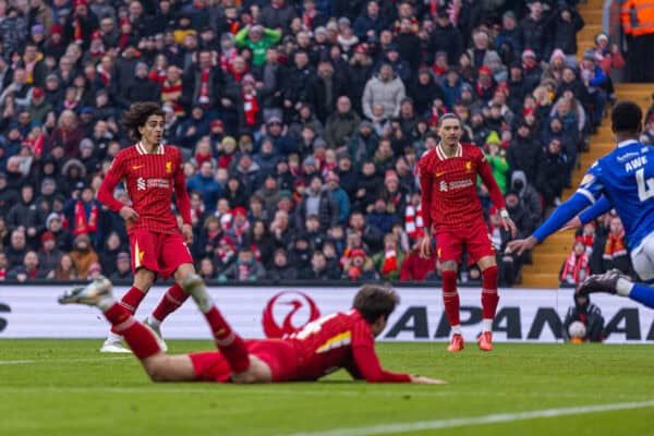 LIVERPOOL, ENGLAND - SATURDAY, JANUARY 11, 2025: Liverpool's Jayden Danse scores the third goal during the FA Cup third round match between Liverpool FC and Accrington Stanley FC at Anfield. (Photo: David Rawcliffe/Propaganda)