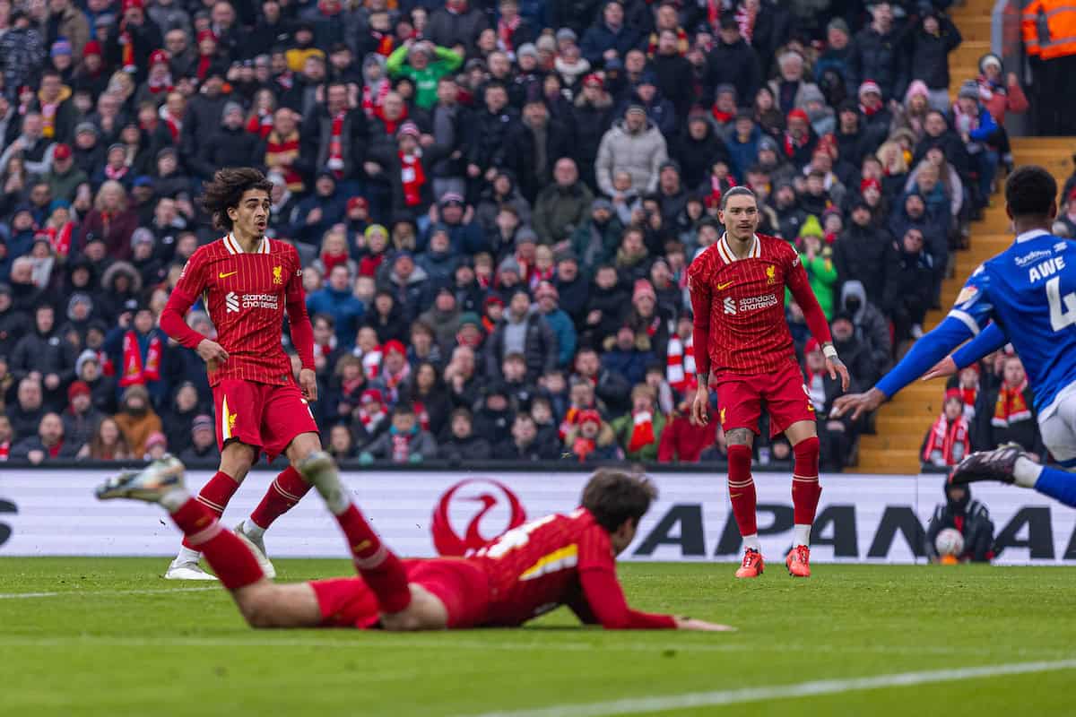 LIVERPOOL, ENGLAND - Saturday, January 11, 2025: Liverpool's Jayden Danns scores the third goal during the FA Cup 3rd Round match between Liverpool FC and Accrington Stanley FC at Anfield. (Photo by David Rawcliffe/Propaganda)