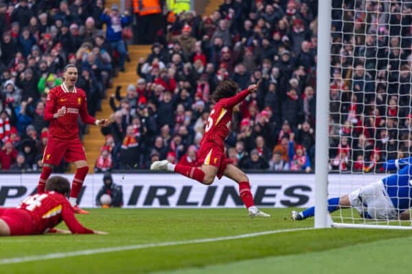 LIVERPOOL, ENGLAND - Saturday, January 11, 2025: Liverpool's Jayden Danns celebrates after scoring the third goal during the FA Cup 3rd Round match between Liverpool FC and Accrington Stanley FC at Anfield. (Photo by David Rawcliffe/Propaganda)