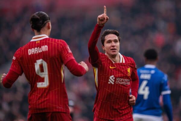 LIVERPOOL, ENGLAND - Saturday, January 11, 2025: Liverpool's Federico Chiesa celebrates after scoring the fourth goal during the FA Cup 3rd Round match between Liverpool FC and Accrington Stanley FC at Anfield. (Photo by David Rawcliffe/Propaganda)