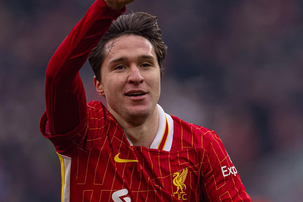 LIVERPOOL, ENGLAND - Saturday, January 11, 2025: Liverpool's Federico Chiesa celebrates after scoring the fourth goal during the FA Cup 3rd Round match between Liverpool FC and Accrington Stanley FC at Anfield. (Photo by David Rawcliffe/Propaganda)