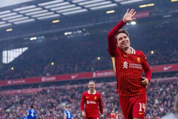 LIVERPOOL, ENGLAND - Saturday, January 11, 2025: Liverpool's Federico Chiesa celebrates after scoring the fourth goal during the FA Cup 3rd Round match between Liverpool FC and Accrington Stanley FC at Anfield. (Photo by David Rawcliffe/Propaganda)