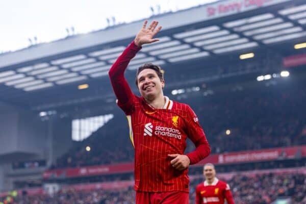 LIVERPOOL, ENGLAND - Saturday, January 11, 2025: Liverpool's Federico Chiesa celebrates after scoring the fourth goal during the FA Cup 3rd Round match between Liverpool FC and Accrington Stanley FC at Anfield. (Photo by David Rawcliffe/Propaganda)