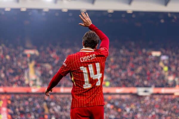 LIVERPOOL, ENGLAND - Saturday, January 11, 2025: Liverpool's Federico Chiesa celebrates after scoring the fourth goal during the FA Cup 3rd Round match between Liverpool FC and Accrington Stanley FC at Anfield. (Photo by David Rawcliffe/Propaganda)