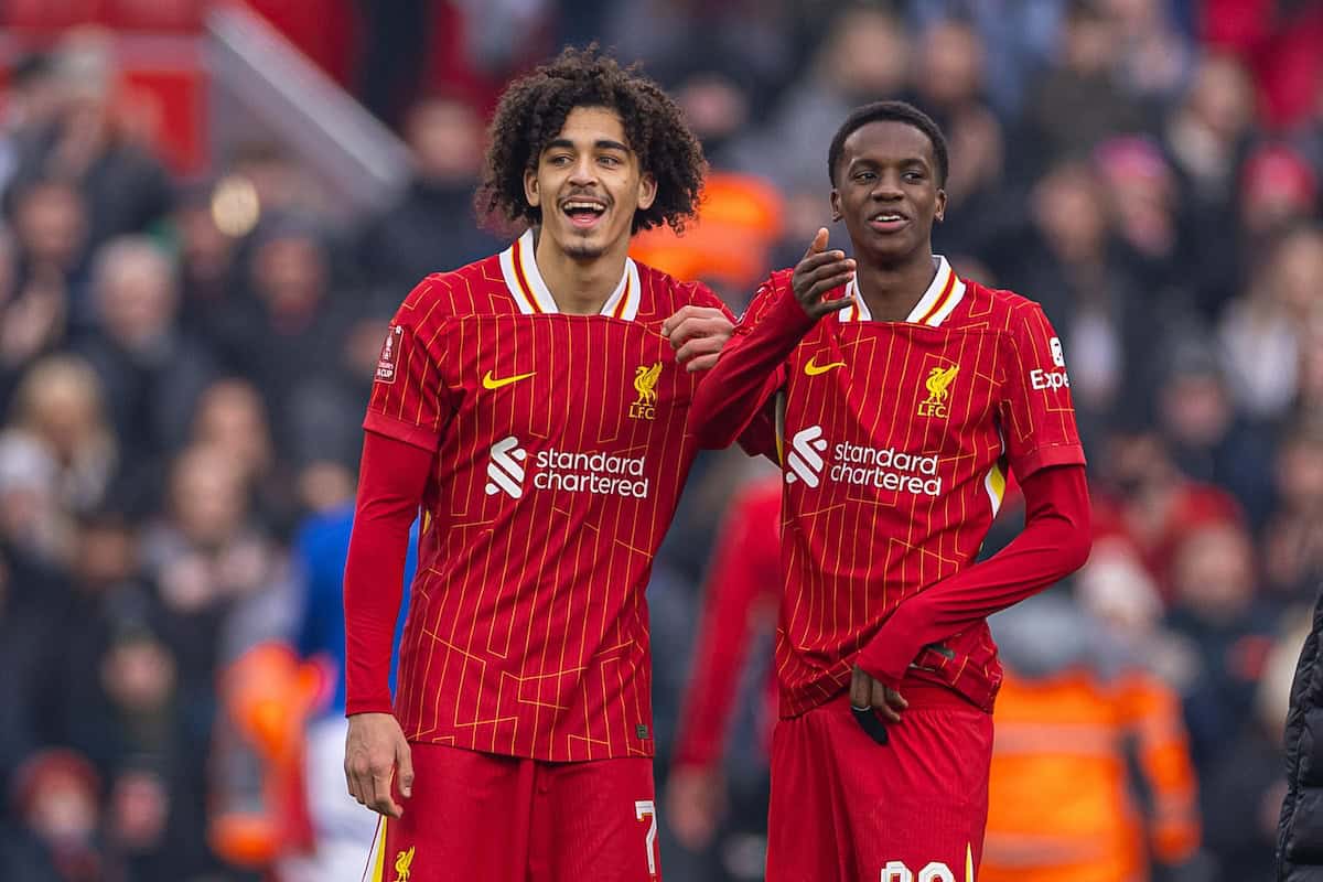 LIVERPOOL, ENGLAND - Saturday, January 11, 2025: Liverpool's Jayden Danns (L) and Trey Nyoni after the FA Cup 3rd Round match between Liverpool FC and Accrington Stanley FC at Anfield. (Photo by David Rawcliffe/Propaganda)