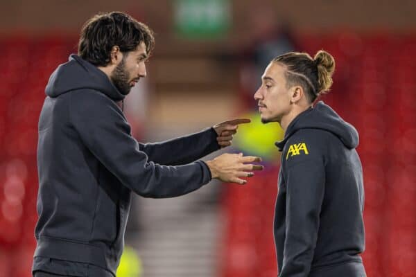 NOTTINGHAM, ENGLAND - Tuesday, December 14, 2025: Liverpool's Dominik Szoboszlai (L) and Kostas Tsimikas before the FA Premier League match between Nottingham Forest FC and Liverpool FC at the City Ground. (Photo by David Rawcliffe/Propaganda)