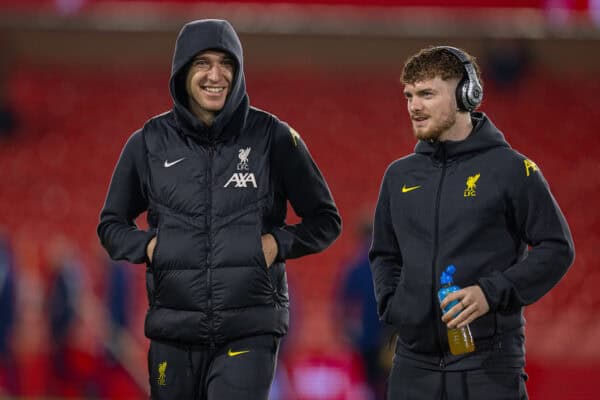 NOTTINGHAM, ENGLAND - Tuesday, December 14, 2025: Liverpool's Federico Chiesa (L) and Harvey Elliott before the FA Premier League match between Nottingham Forest FC and Liverpool FC at the City Ground. (Photo by David Rawcliffe/Propaganda)