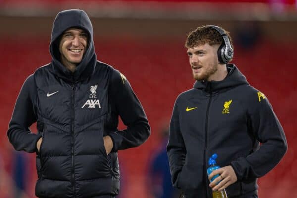 NOTTINGHAM, ENGLAND - Tuesday, December 14, 2025: Liverpool's Federico Chiesa (L) and Harvey Elliott before the FA Premier League match between Nottingham Forest FC and Liverpool FC at the City Ground. (Photo by David Rawcliffe/Propaganda)