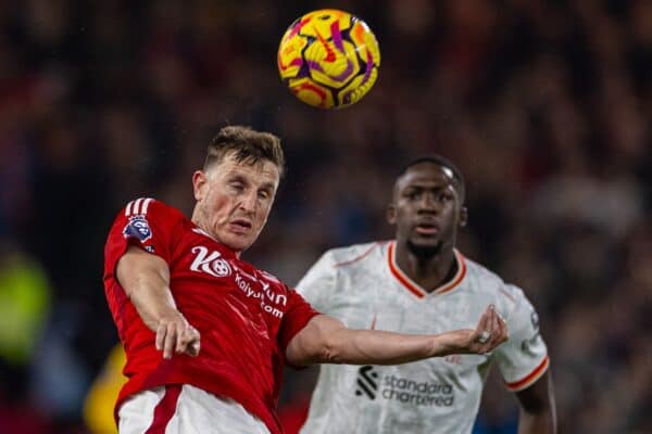 NOTTINGHAM, ENGLAND - Tuesday, December 14, 2025: Nottingham Forest's Chris Wood (L) and Liverpool's Ibrahima Konaté during the FA Premier League match between Nottingham Forest FC and Liverpool FC at the City Ground. (Photo by David Rawcliffe/Propaganda)