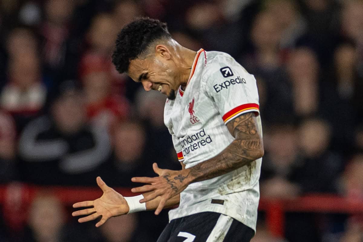 NOTTINGHAM, ENGLAND - Tuesday, December 14, 2025: Liverpool's Luis Díaz reacts after missing a chance during the FA Premier League match between Nottingham Forest FC and Liverpool FC at the City Ground. (Photo by David Rawcliffe/Propaganda)