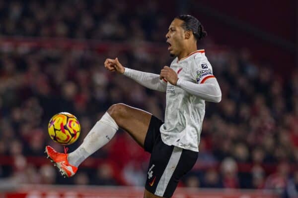 NOTTINGHAM, ENGLAND - Tuesday, January 14, 2025: Liverpool's captain Virgil van Dijk during the FA Premier League match between Nottingham Forest FC and Liverpool FC at the City Ground. (Photo by David Rawcliffe/Propaganda)