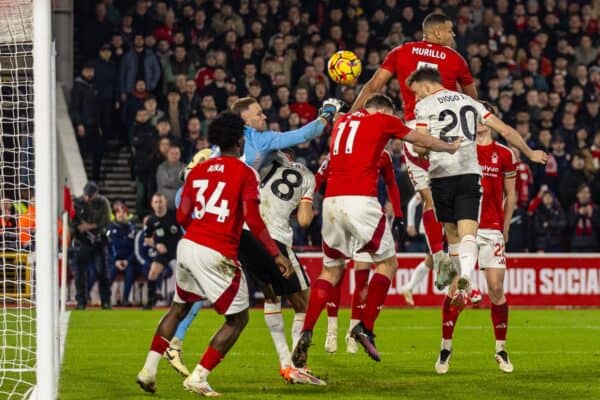 NOTTINGHAM, ENGLAND - Tuesday, January 14, 2025: Liverpool's Diogo Jota scores his side's first equalising goal during the FA Premier League match between Nottingham Forest FC and Liverpool FC at the City Ground. (Photo by David Rawcliffe/Propaganda)