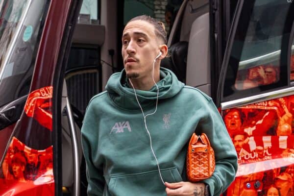 LONDON, ENGLAND - Saturday, January 18, 2025: Liverpool's Kostas Tsimikas arrives before the FA Premier League match between Brentford FC and Liverpool FC at the Brentford Community Stadium. (Photo by David Rawcliffe/Propaganda)