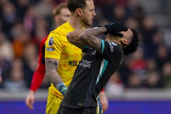 LONDON, ENGLAND - Saturday, January 18, 2025: Liverpool's Luis Díaz reacts after missing a chance during the FA Premier League match between Brentford FC and Liverpool FC at the Brentford Community Stadium. (Photo by David Rawcliffe/Propaganda)