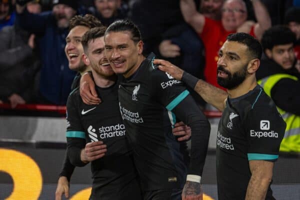 LONDON, ENGLAND - Saturday, January 18, 2025: Liverpool's Darwin Núñez celebrates after scoring the second goal during the FA Premier League match between Brentford FC and Liverpool FC at the Brentford Community Stadium. (Photo by David Rawcliffe/Propaganda)